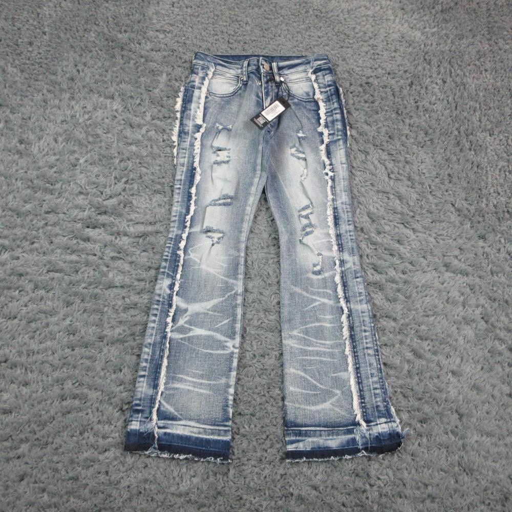 Rockstar Original Flared Jeans Boys 8 Blue Slim Ripped Stacked Flare 24x26* NWT